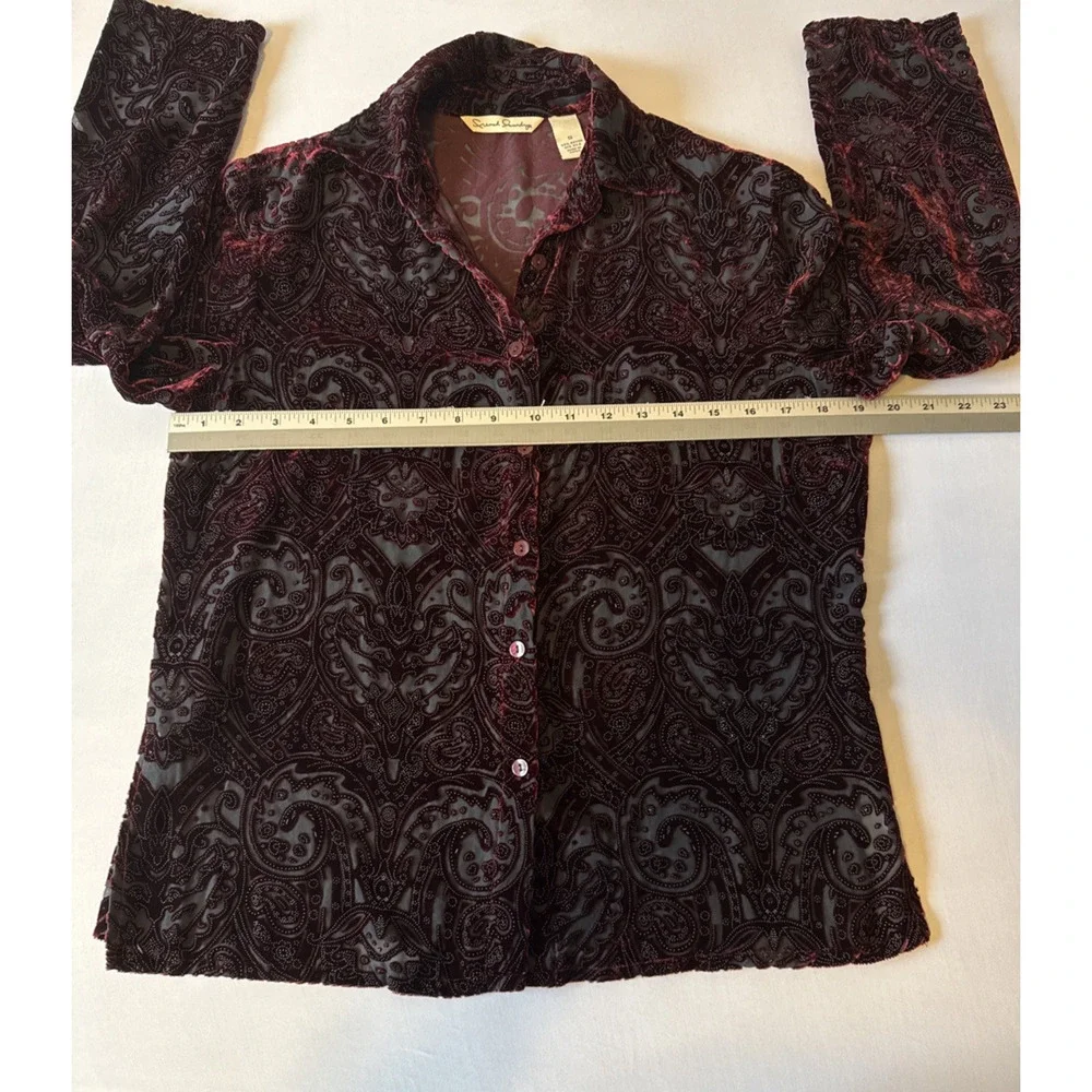 French Laundry Women’s S Whimsigoth Silk Red Velvet Burnout Button‎ Down Shirt